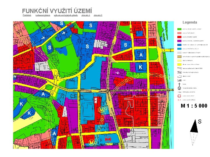 FUNKČNÍ VYUŽITÍ ÚZEMÍ Začátek schwarzplann výkres veřejných ploch území 1 území 2 Legenda M