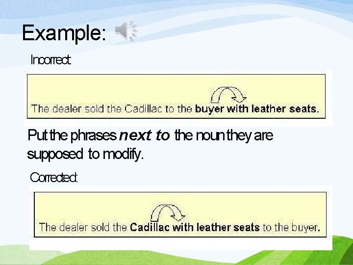 Example: Incorrect: Put the phrases next to the noun they are supposed to modify.