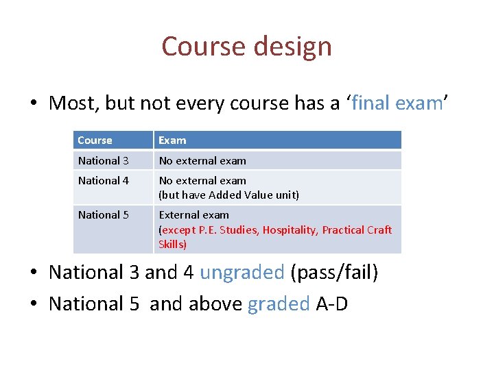 Course design • Most, but not every course has a ‘final exam’ Course Exam