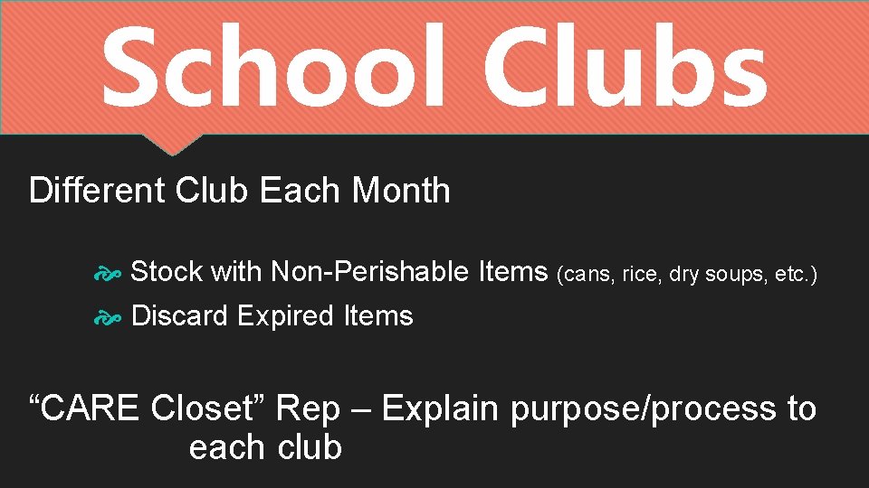 School Clubs Different Club Each Month Stock with Non-Perishable Items (cans, rice, dry soups, School Clubs Different Club Each Month Stock with Non-Perishable Items (cans, rice, dry soups,
