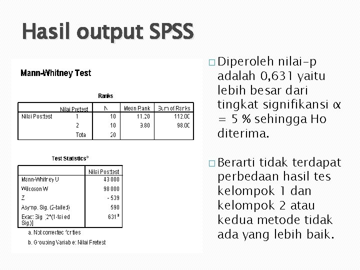 Hasil output SPSS � Diperoleh nilai-p adalah 0, 631 yaitu lebih besar dari tingkat