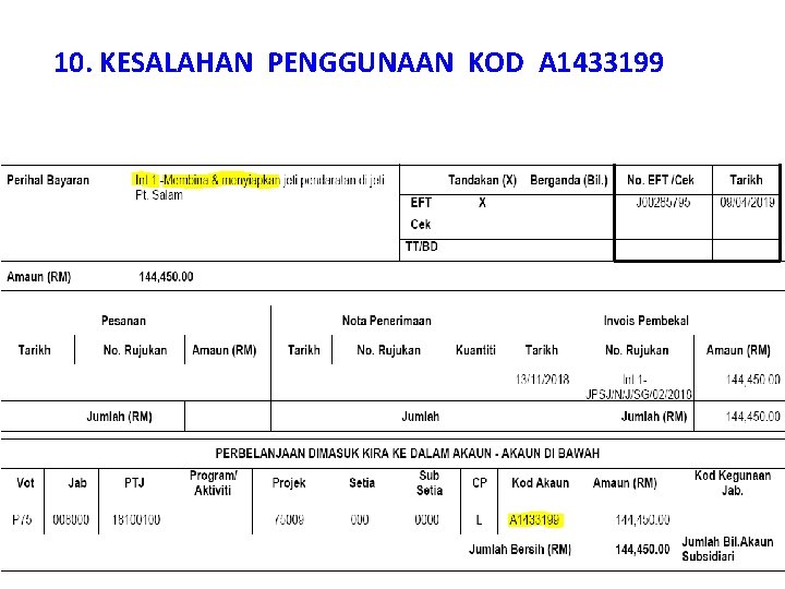 10. KESALAHAN PENGGUNAAN KOD A 1433199 