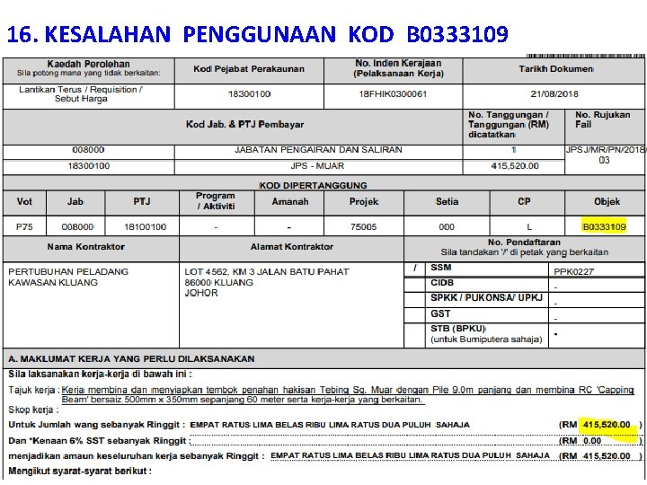 16. KESALAHAN PENGGUNAAN KOD B 0333109 