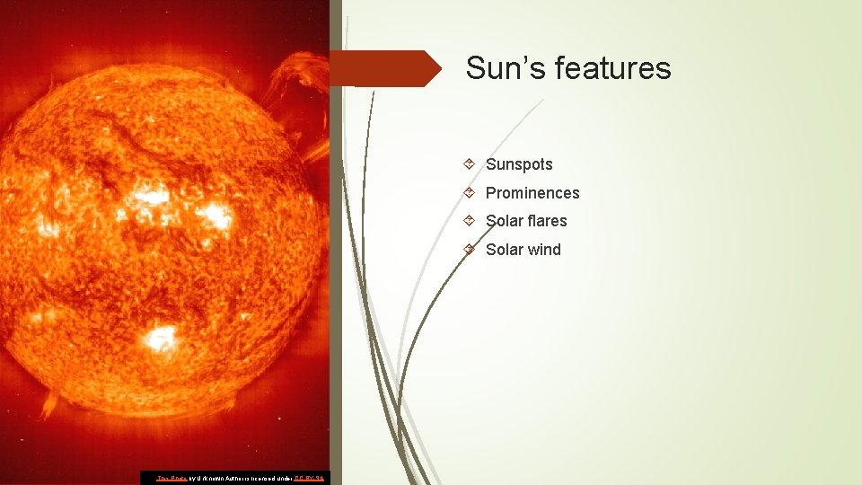 Sun’s features Sunspots Prominences Solar flares Solar wind This Photo by Unknown Author is