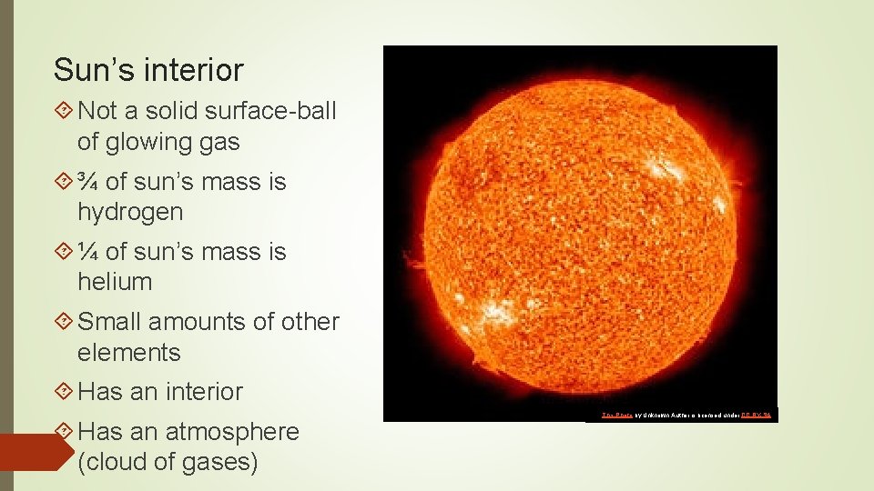 Sun’s interior Not a solid surface-ball of glowing gas ¾ of sun’s mass is