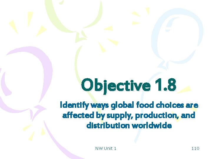 Objective 1. 8 Identify ways global food choices are affected by supply, production, and