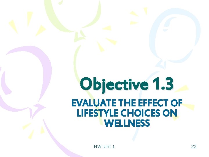 Objective 1. 3 EVALUATE THE EFFECT OF LIFESTYLE CHOICES ON WELLNESS NW Unit 1