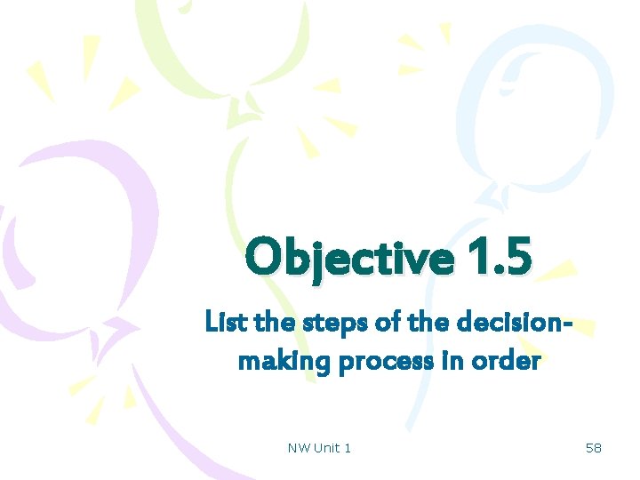 Objective 1. 5 List the steps of the decisionmaking process in order NW Unit