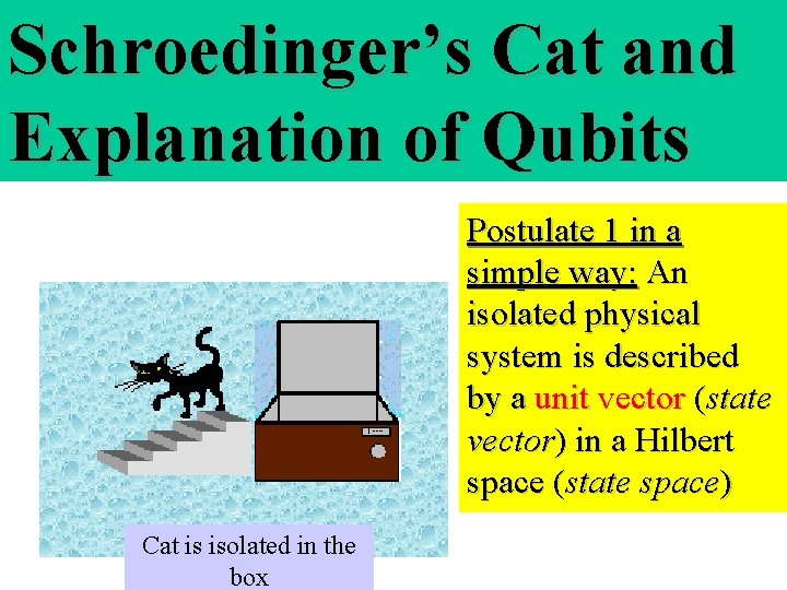 Schroedinger’s Cat and Explanation of Qubits Postulate 1 in a simple way: An isolated