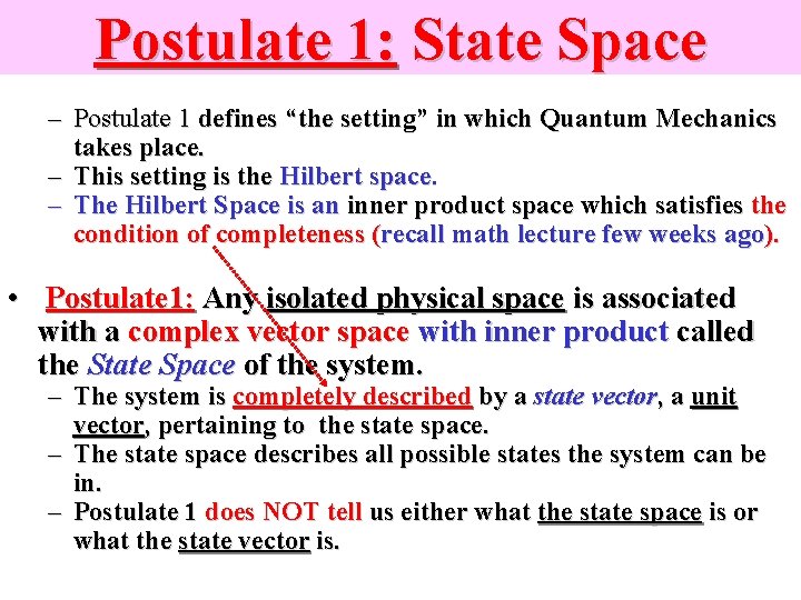 Postulate 1: State Space – Postulate 1 defines “the setting” in which Quantum Mechanics