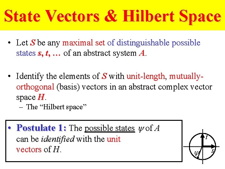 State Vectors & Hilbert Space • Let S be any maximal set of distinguishable