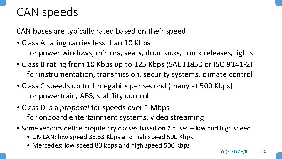 CAN speeds CAN buses are typically rated based on their speed • Class A