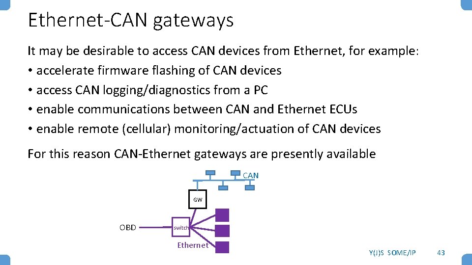 Ethernet-CAN gateways It may be desirable to access CAN devices from Ethernet, for example: