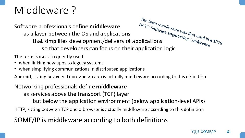 Middleware ? The te NATO rm midd le Software professionals define middleware Soft ware