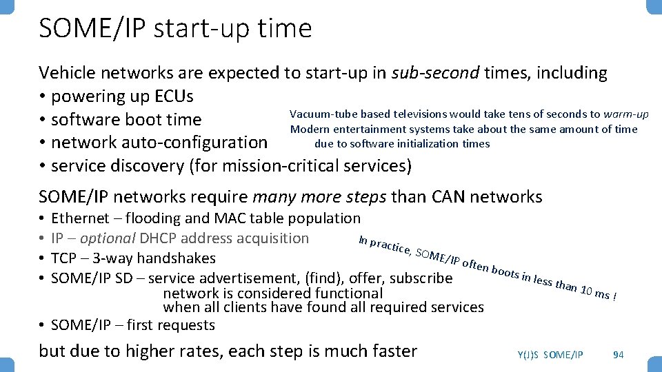 SOME/IP start-up time Vehicle networks are expected to start-up in sub-second times, including •