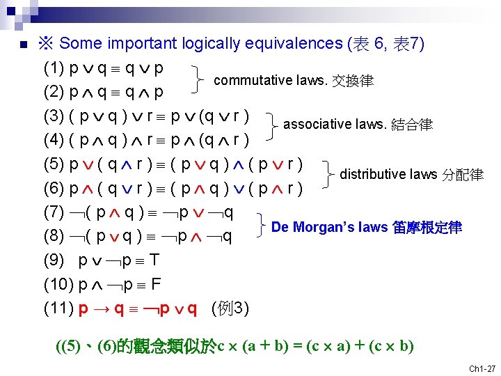 n ※ Some important logically equivalences (表 6, 表 7) (1) p q q