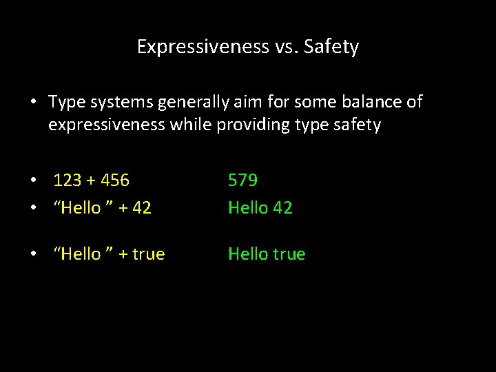 Expressiveness vs. Safety • Type systems generally aim for some balance of expressiveness while