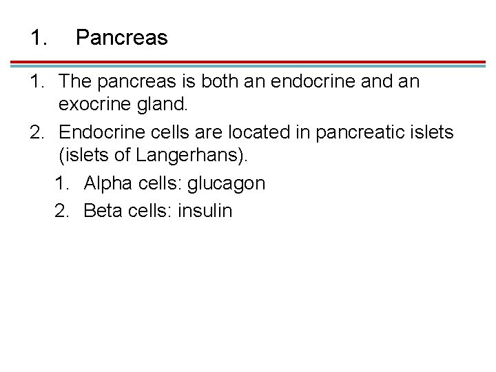 1. Pancreas 1. The pancreas is both an endocrine and an exocrine gland. 2.