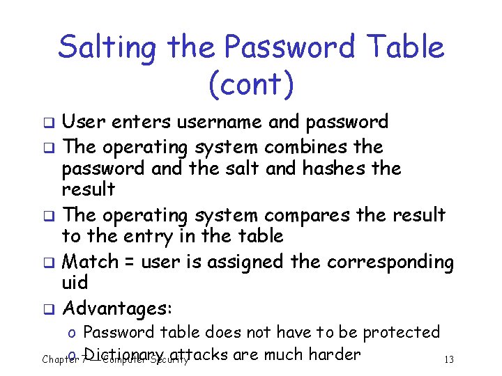 Salting the Password Table (cont) User enters username and password q The operating system