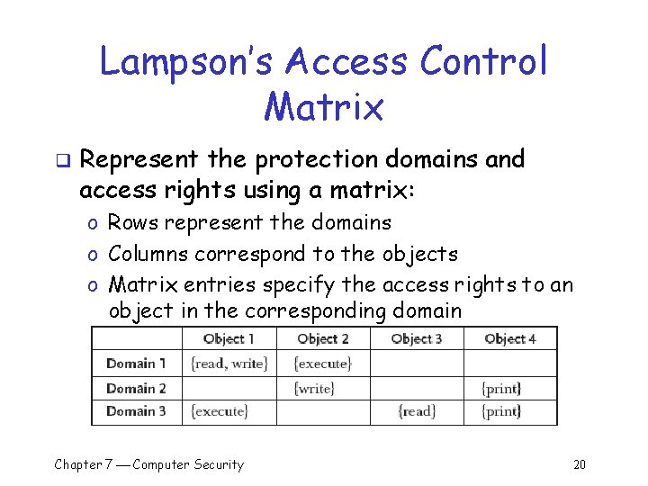 Lampson’s Access Control Matrix q Represent the protection domains and access rights using a