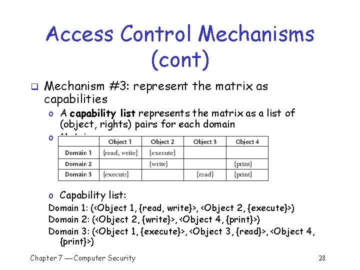 Access Control Mechanisms (cont) q Mechanism #3: represent the matrix as capabilities o A