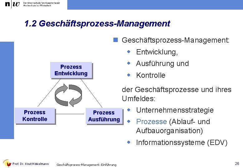 1. 2 Geschäftsprozess-Management n Geschäftsprozess-Management: w Entwicklung, w Ausführung und Prozess Entwicklung w Kontrolle