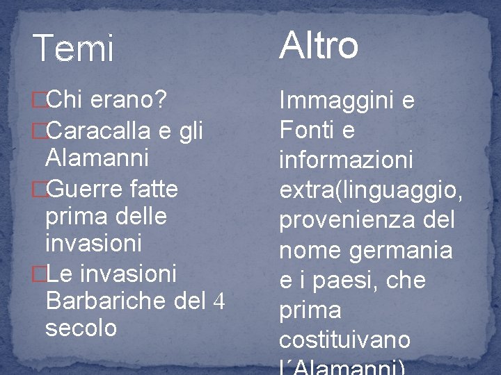 Temi Altro �Chi erano? �Caracalla e gli Immaggini e Fonti e informazioni extra(linguaggio, provenienza