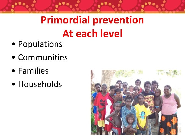 Primordial prevention At each level • Populations • Communities • Families • Households 