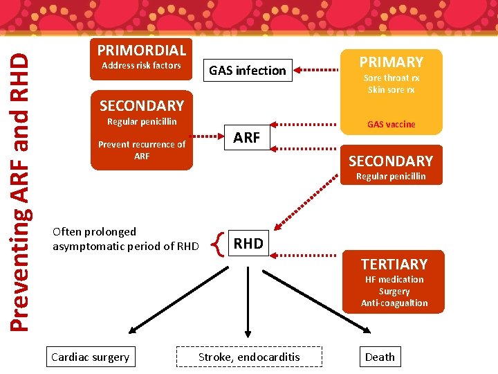 Preventing ARF and RHD PRIMORDIAL Address risk factors GAS infection SECONDARY Regular penicillin ARF