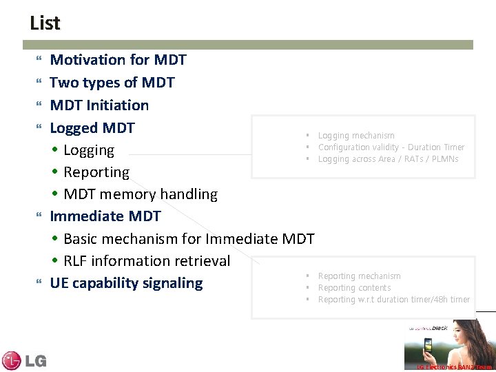 List Motivation for MDT Two types of MDT Initiation Logged MDT § Logging mechanism