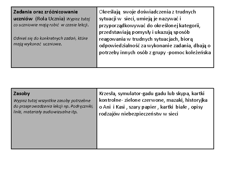 Zadania oraz zróżnicowanie uczniów (Rola Ucznia) Wypisz tutaj co uczniowie mają robić w czasie