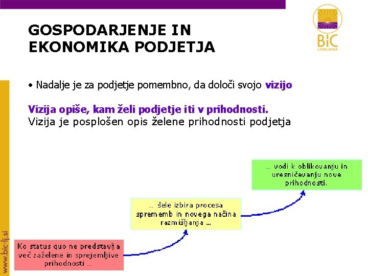 GOSPODARJENJE IN EKONOMIKA PODJETJA • Nadalje je za podjetje pomembno, da določi svojo vizijo
