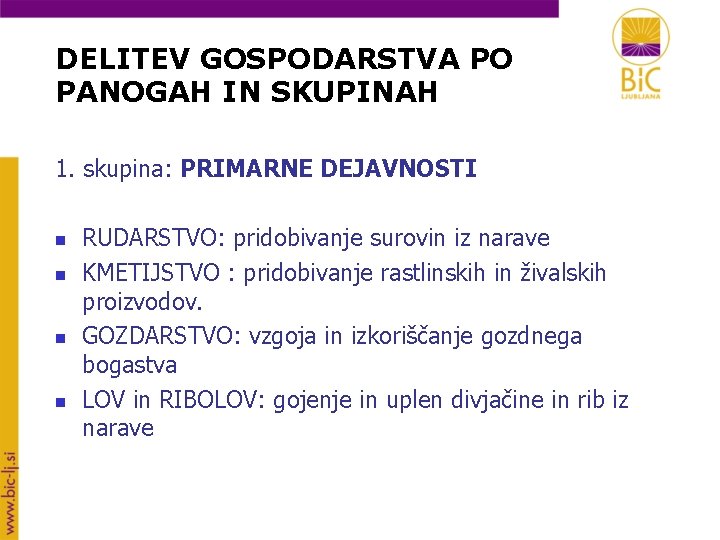 DELITEV GOSPODARSTVA PO PANOGAH IN SKUPINAH 1. skupina: PRIMARNE DEJAVNOSTI n n RUDARSTVO: pridobivanje