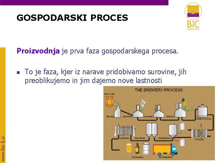 GOSPODARSKI PROCES Proizvodnja je prva faza gospodarskega procesa. n To je faza, kjer iz