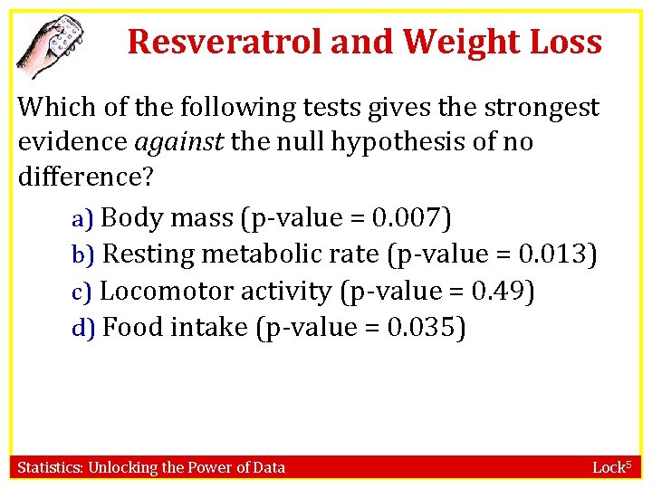 Resveratrol and Weight Loss Which of the following tests gives the strongest evidence against