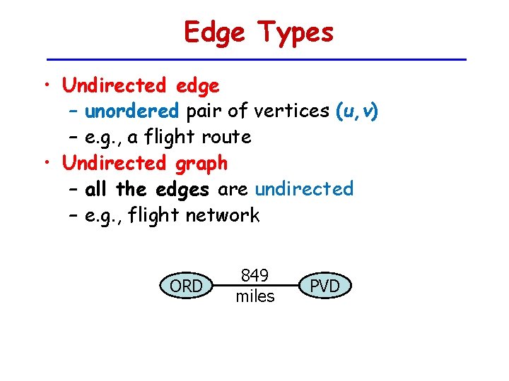 Edge Types • Undirected edge – unordered pair of vertices (u, v) – e.