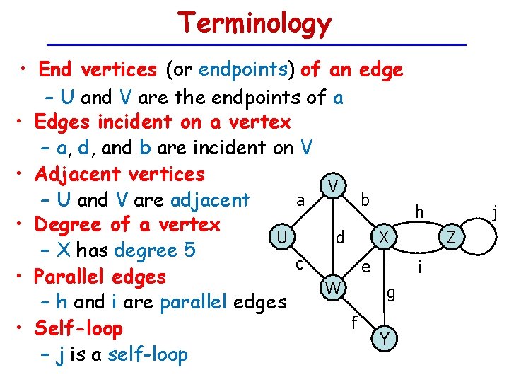 Terminology • End vertices (or endpoints) of an edge – U and V are