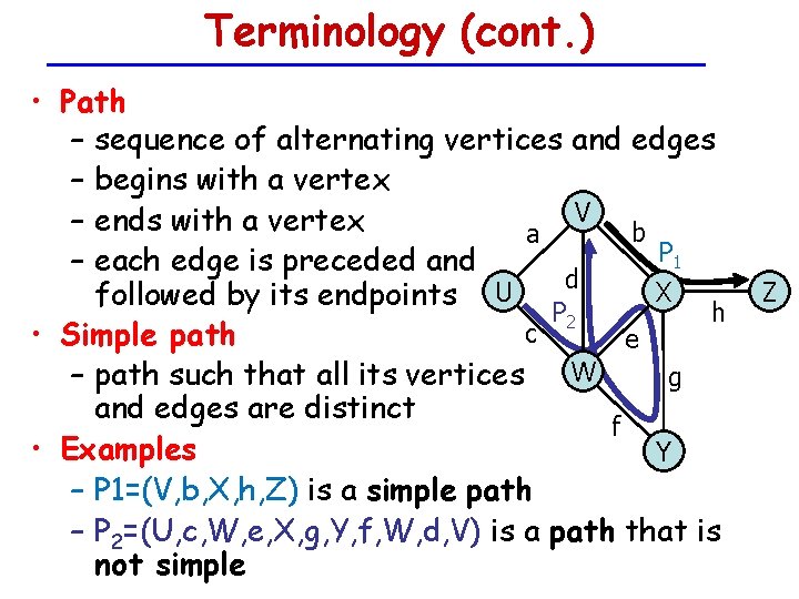 Terminology (cont. ) • Path – sequence of alternating vertices and edges – begins