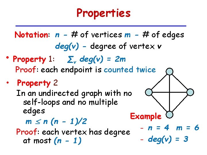 Properties Notation: n - # of vertices m - # of edges deg(v) -