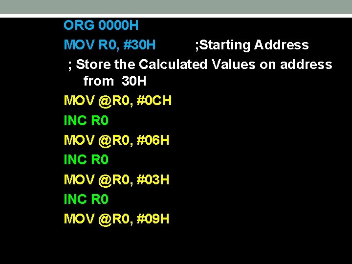 ORG 0000 H MOV R 0, #30 H ; Starting Address ; Store the