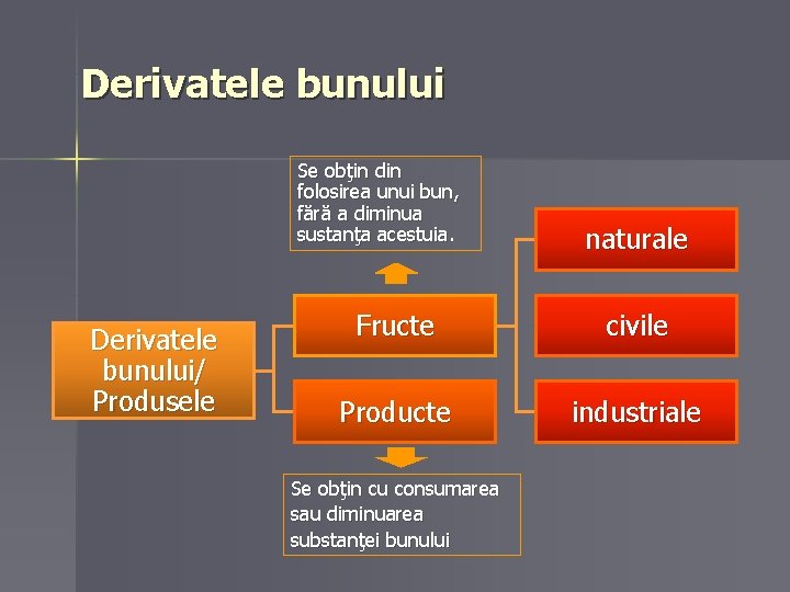 Derivatele bunului Se obţin din folosirea unui bun, fără a diminua sustanţa acestuia. Derivatele