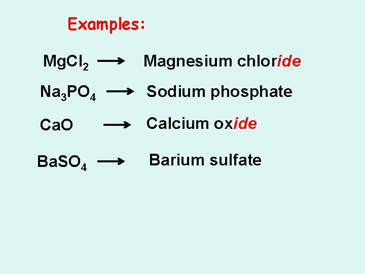 Examples: Mg. Cl 2 Magnesium chloride Na 3 PO 4 Sodium phosphate Ca. O