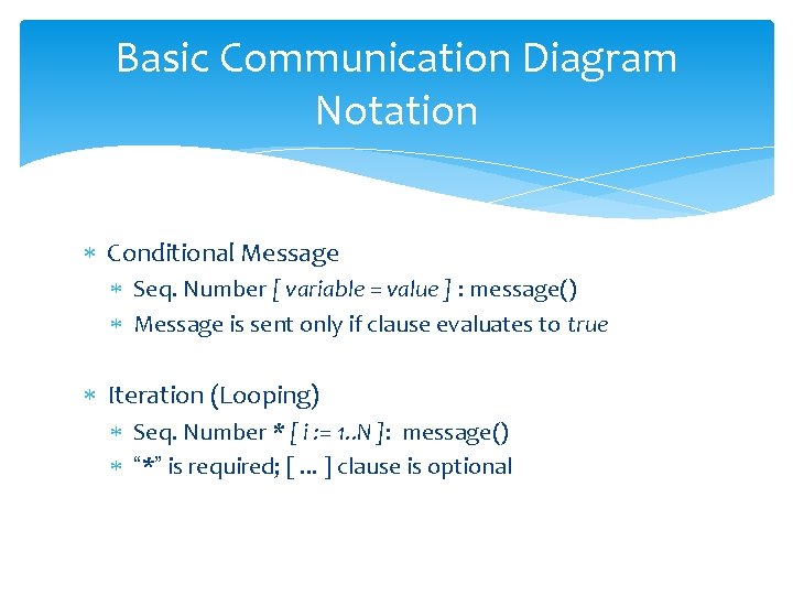 Basic Communication Diagram Notation Conditional Message Seq. Number [ variable = value ] :