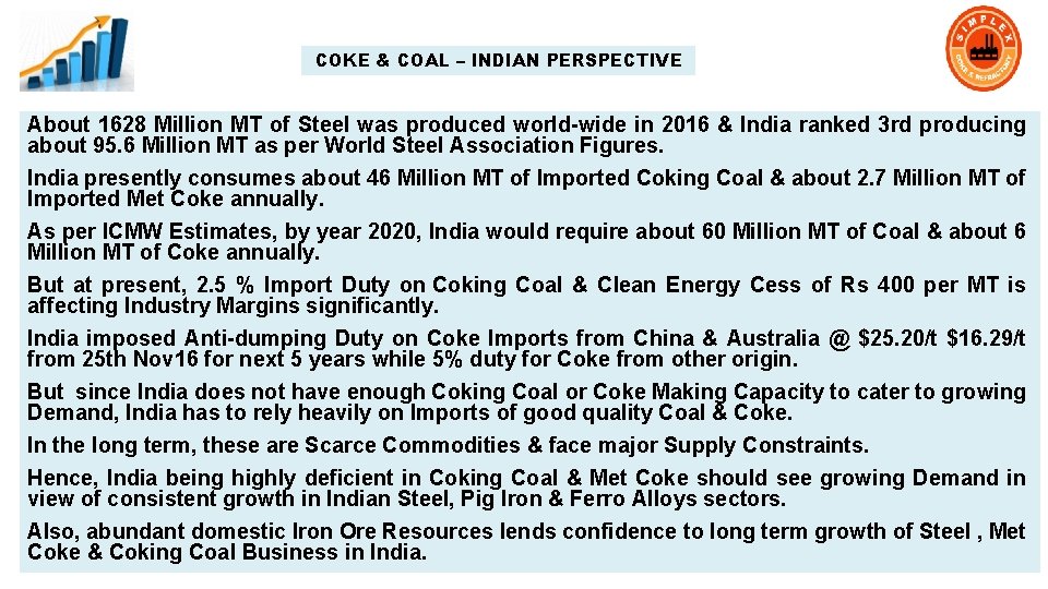 COKE & COAL – INDIAN PERSPECTIVE About 1628 Million MT of Steel was produced