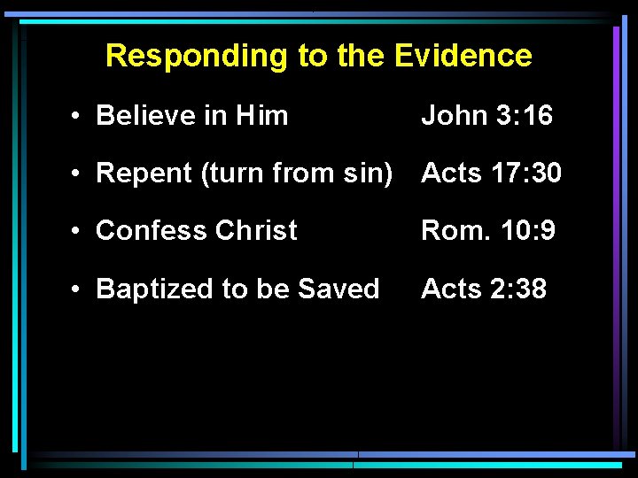 Responding to the Evidence • Believe in Him John 3: 16 • Repent (turn