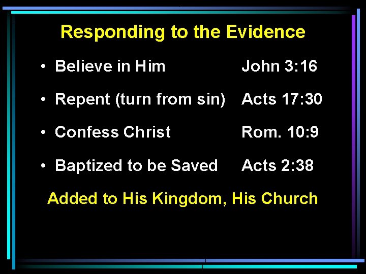 Responding to the Evidence • Believe in Him John 3: 16 • Repent (turn