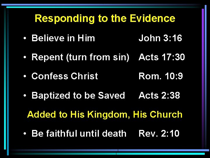 Responding to the Evidence • Believe in Him John 3: 16 • Repent (turn