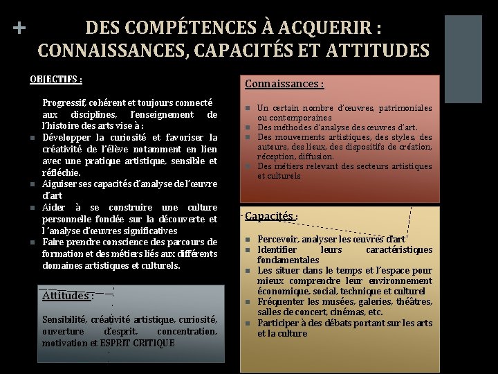 + DES COMPÉTENCES À ACQUERIR : CONNAISSANCES, CAPACITÉS ET ATTITUDES OBJECTIFS : Progressif, cohérent