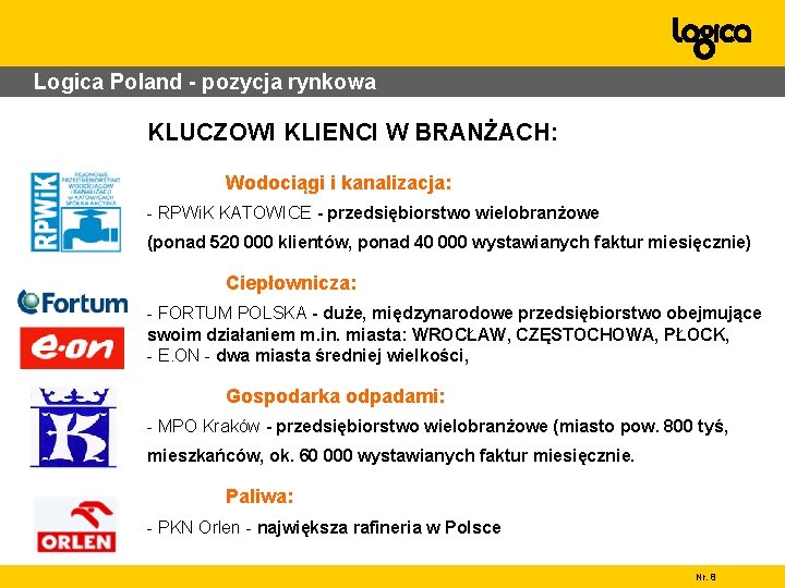 Logica Poland - pozycja rynkowa KLUCZOWI KLIENCI W BRANŻACH: Wodociągi i kanalizacja: - RPWi.