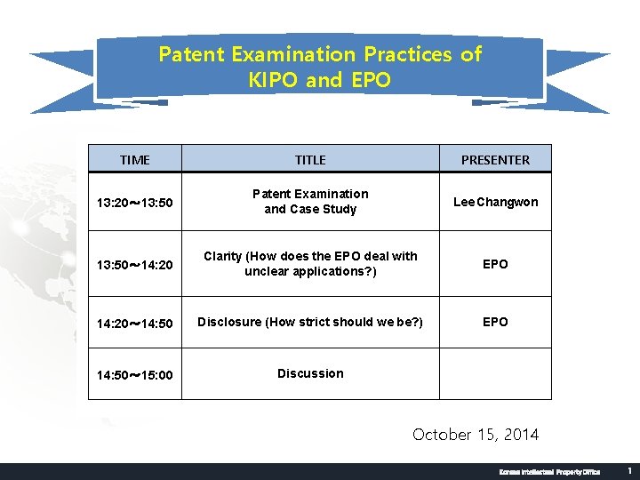 Seminar Schedule Patent Examination Practices of KIPO and EPO TIME TITLE PRESENTER 13: 20～